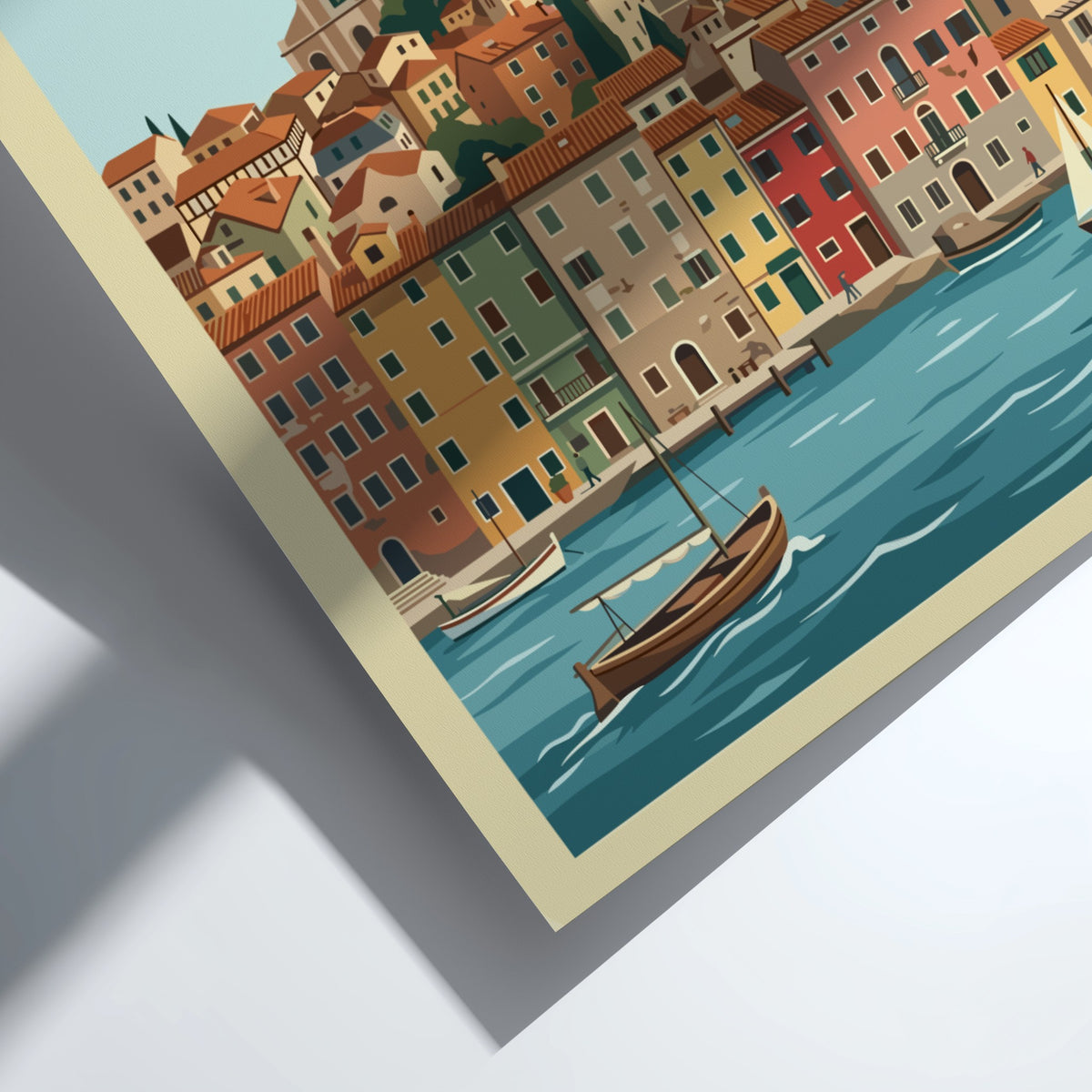 Poster of the Croatian city Rovinj featuring terracotta buildings, a bell tower, boats.