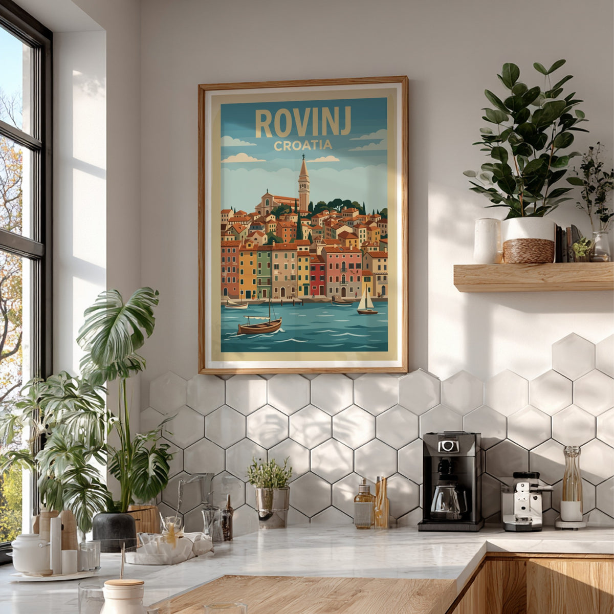 Poster of the Croatian city Rovinj featuring terracotta buildings, a bell tower, boats.