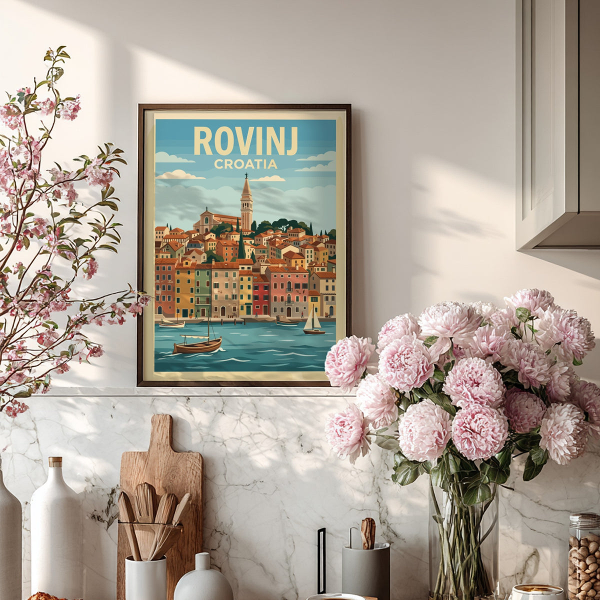 Poster of the Croatian city Rovinj featuring terracotta buildings, a bell tower, boats.