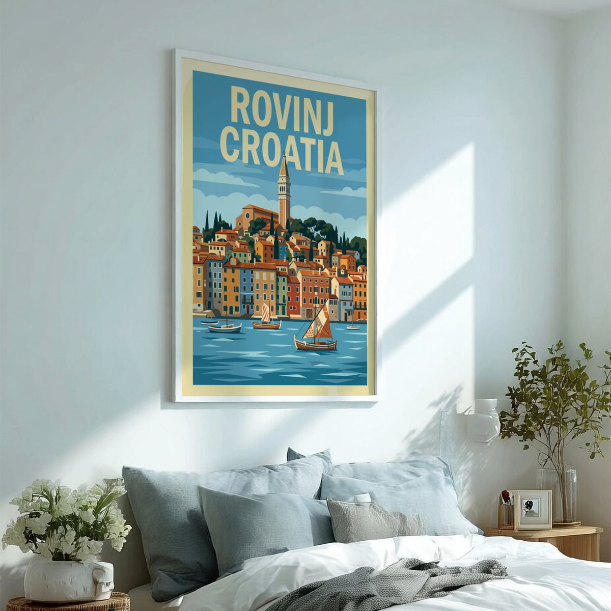 Poster of Rovinj Croatia featuring a historic bell tower, colorful coastal buildings, and sailboats.