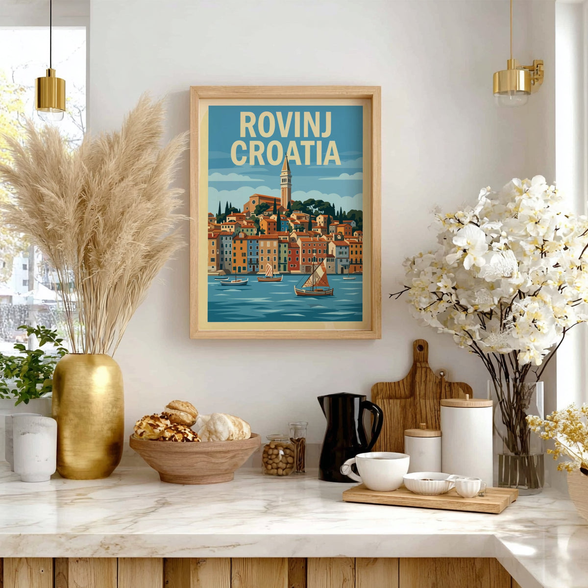 Poster of Rovinj Croatia featuring a historic bell tower, colorful coastal buildings, and sailboats.