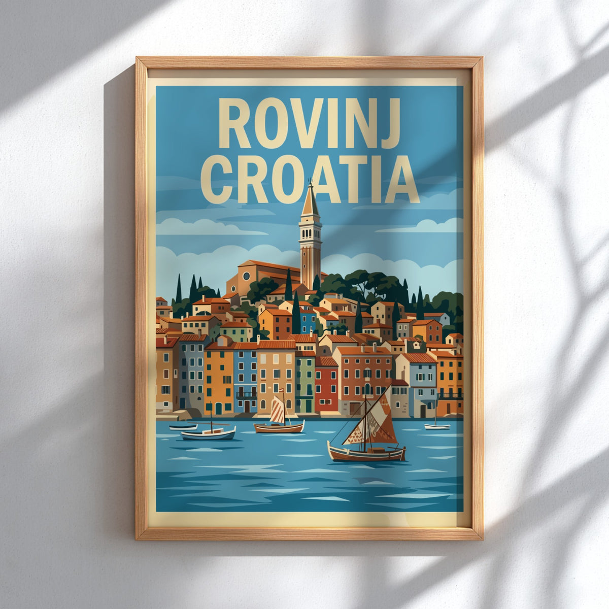 Poster of Rovinj Croatia featuring a historic bell tower, colorful coastal buildings, and sailboats.