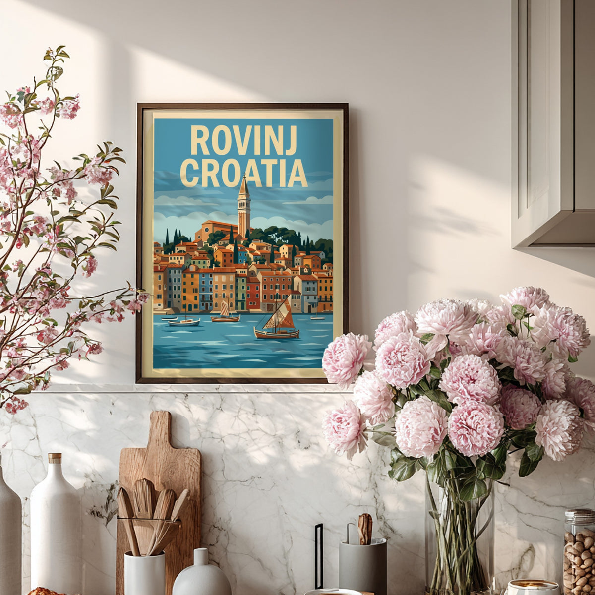 Poster of Rovinj Croatia featuring a historic bell tower, colorful coastal buildings, and sailboats.