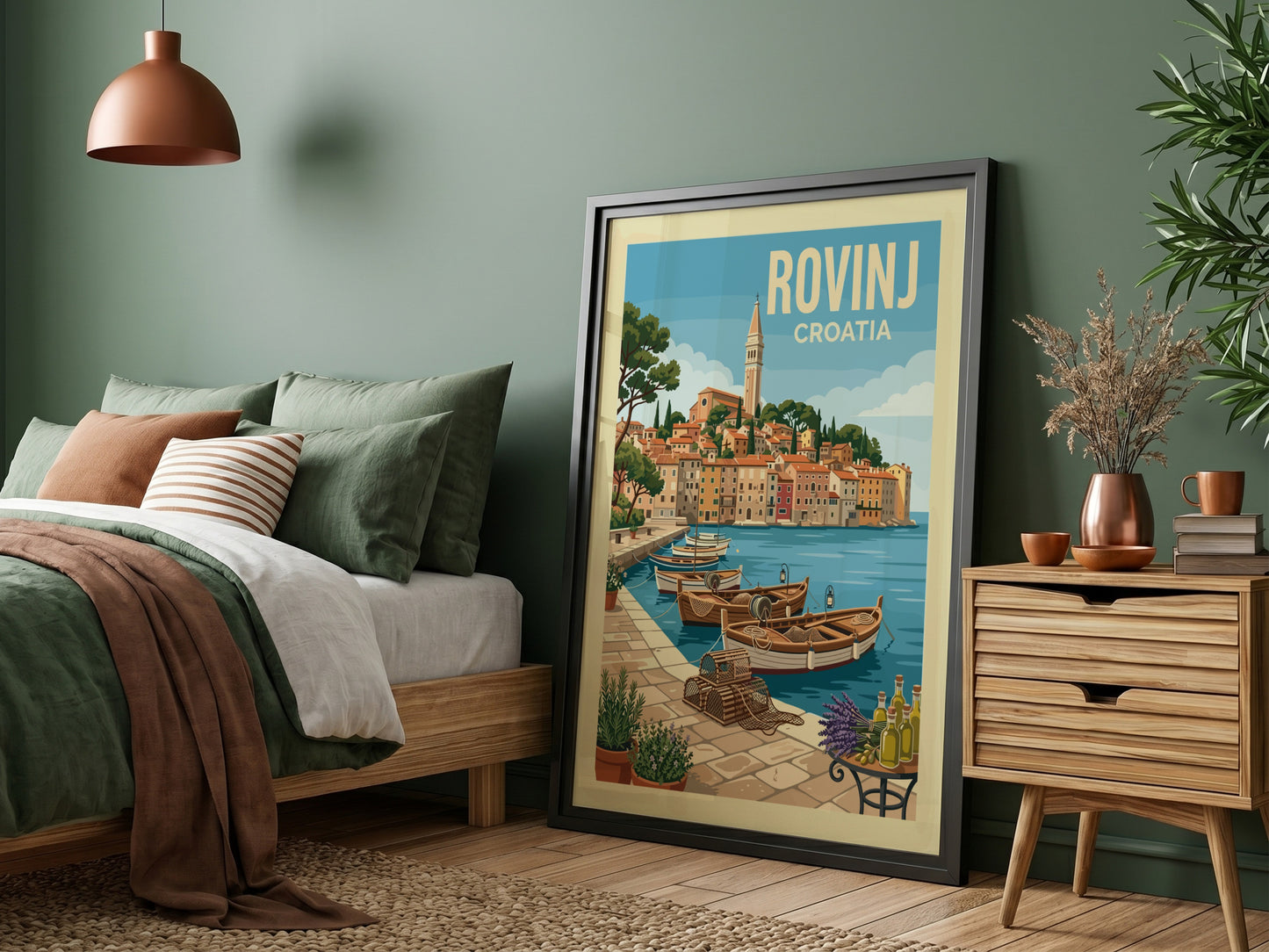 Rovinj travel poster featuring a colorful coastal town and fishing boats in Croatia, vintage travel art style.