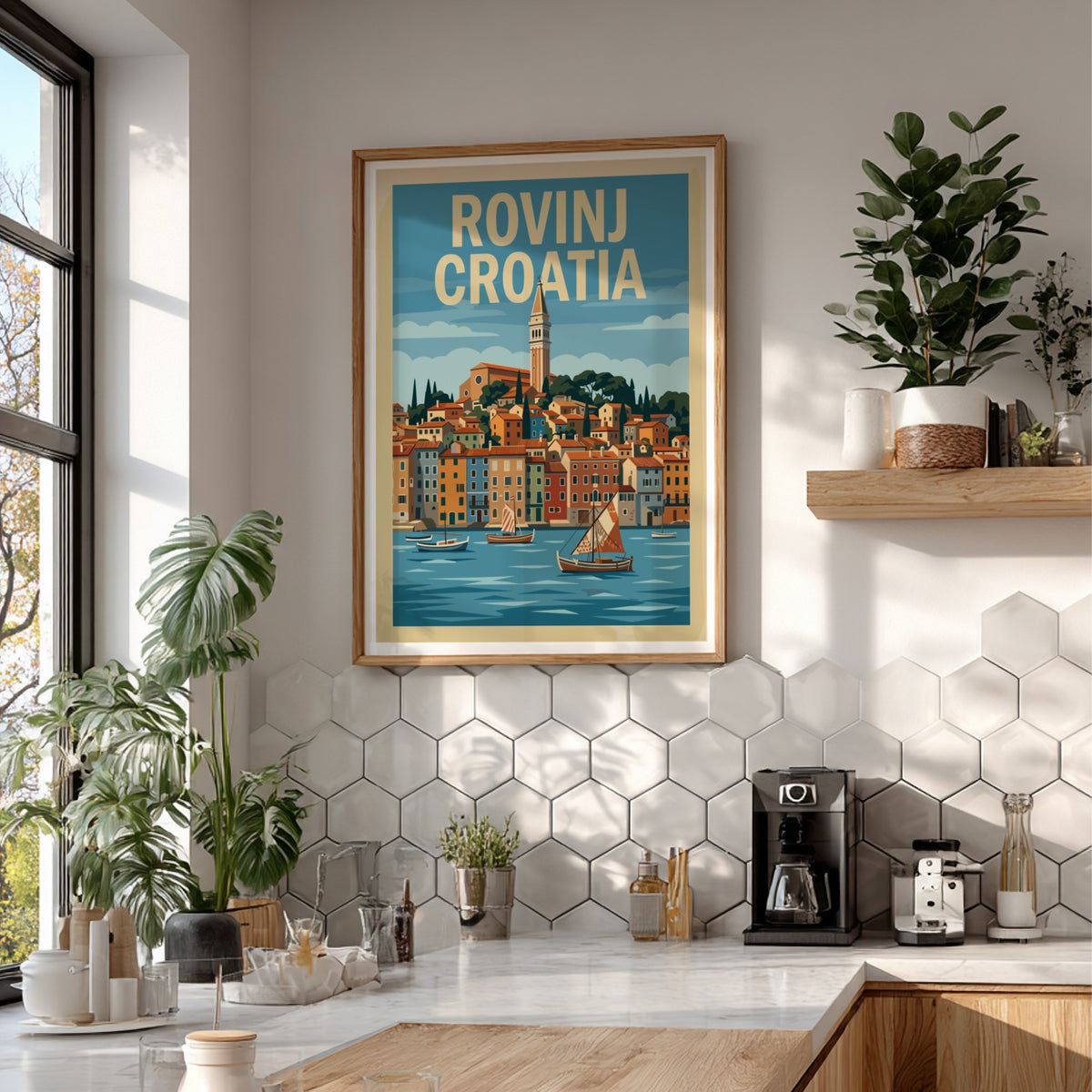 Poster of Rovinj Croatia featuring a historic bell tower, colorful coastal buildings, and sailboats.