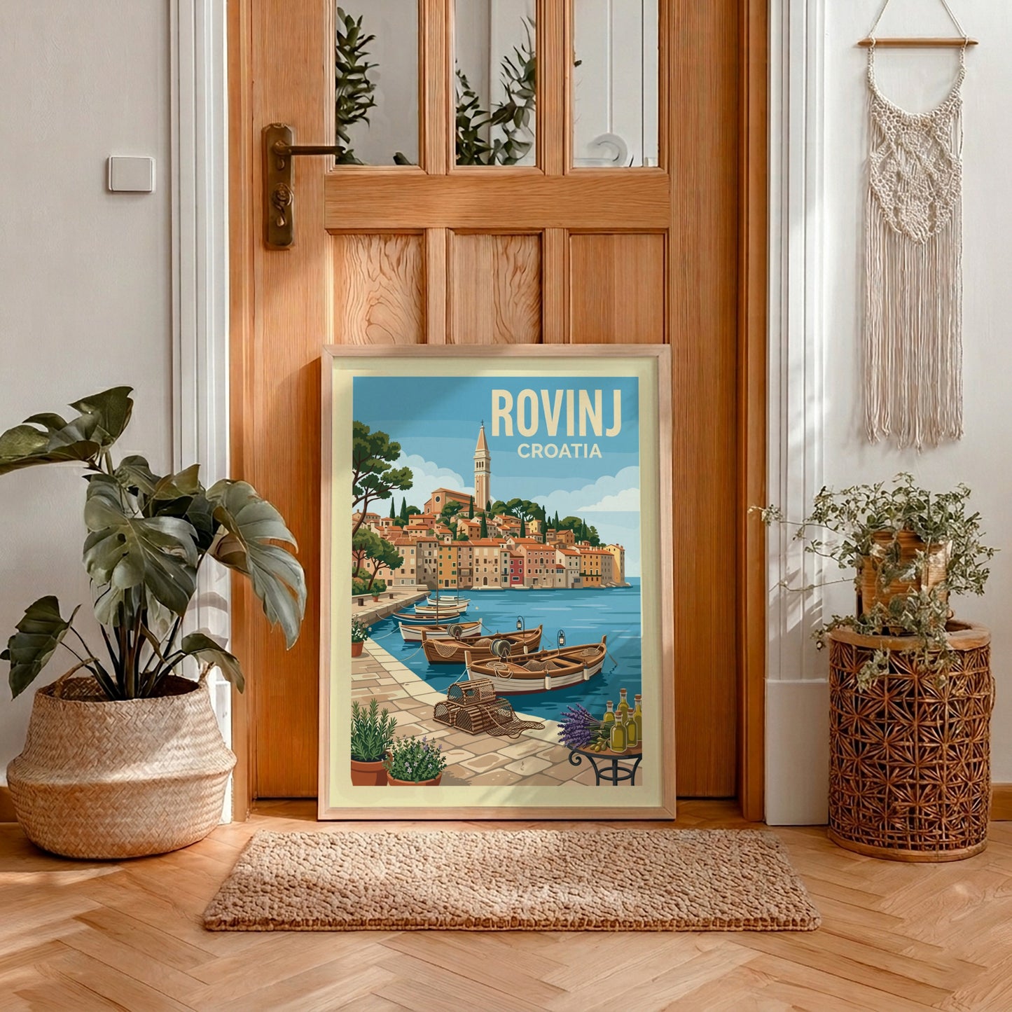 Rovinj travel poster featuring a colorful coastal town and fishing boats in Croatia, vintage travel art style.