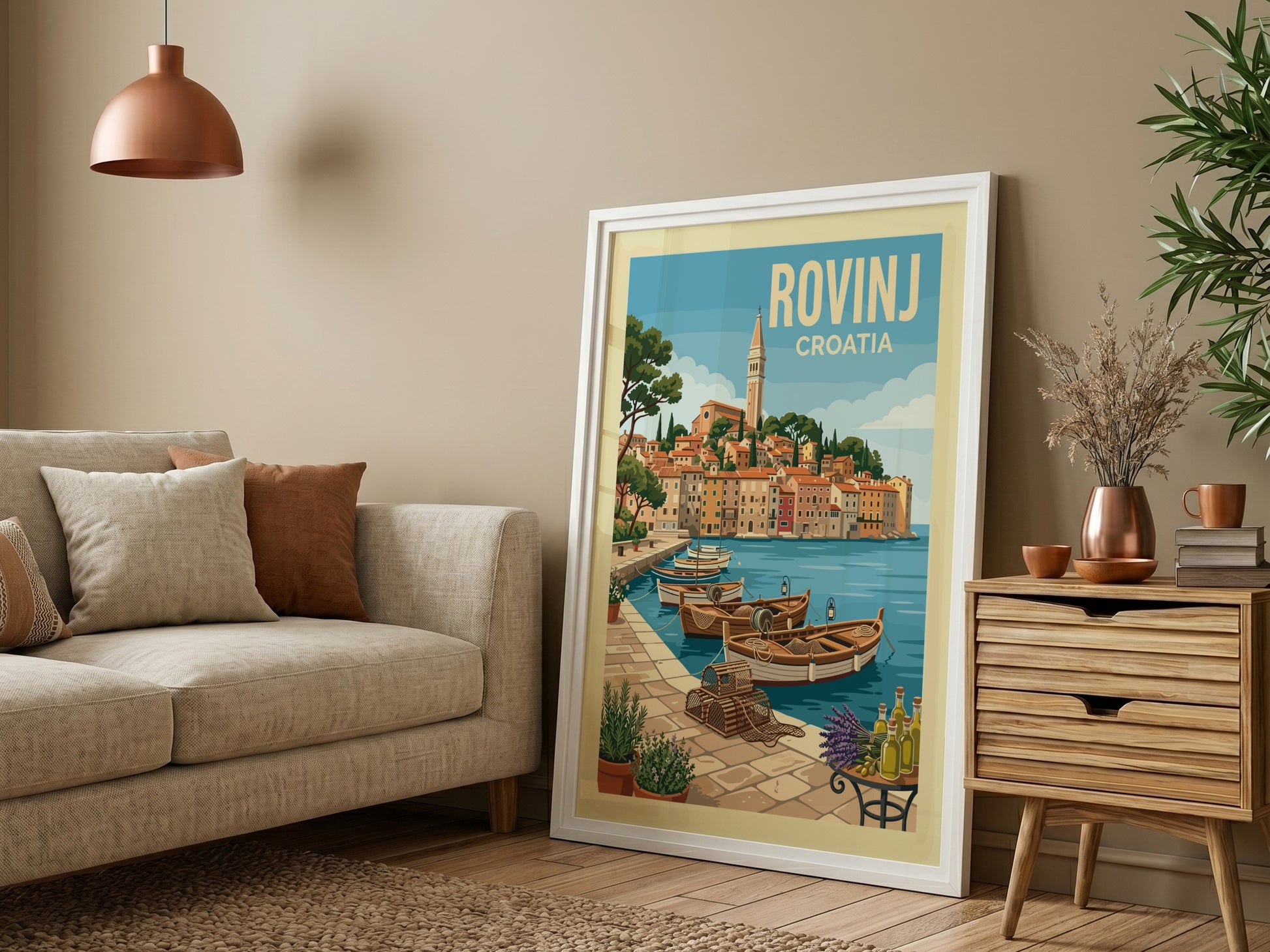 Rovinj travel poster featuring a colorful coastal town and fishing boats in Croatia, vintage travel art style.