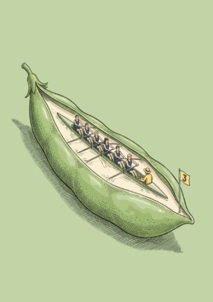 Poster showing a rowing team in a pea pod with a numbered flag