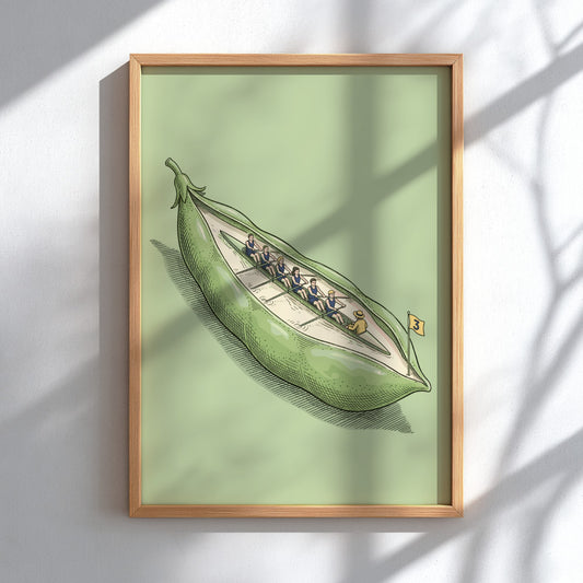 Poster showing a rowing team in a pea pod with a numbered flag