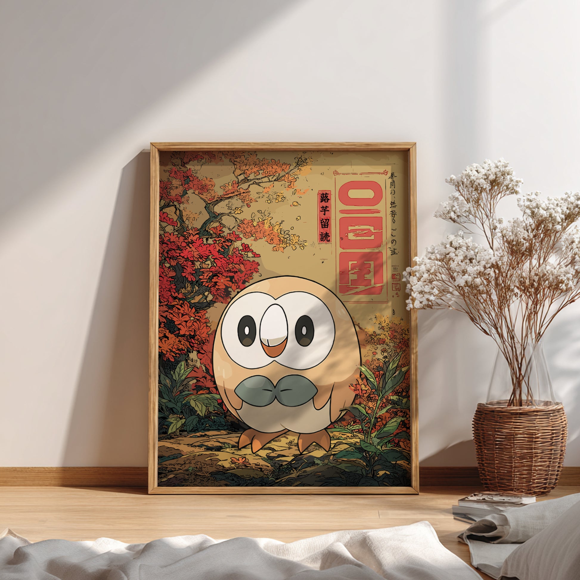 Framed artwork of Rowlet Pokemon with autumn scenery in a room.