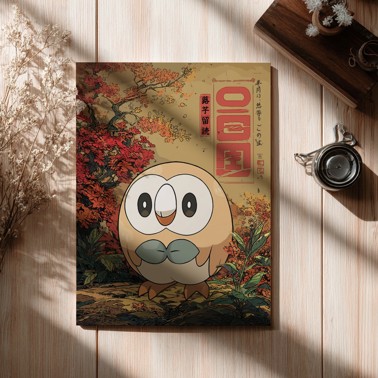 Rowlet Pokemon character on a poster cover with autumn scenery
