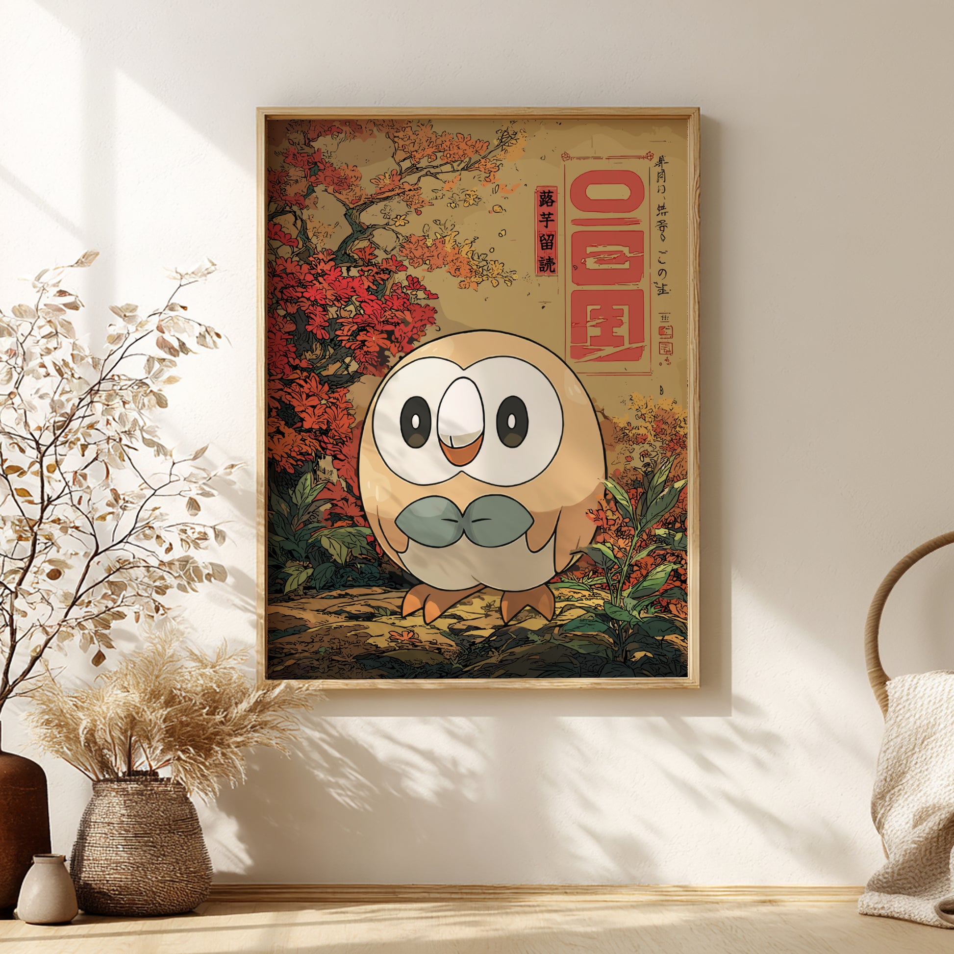Framed artwork of Rowlet Pokemon with autumn leaves and text on a wall.