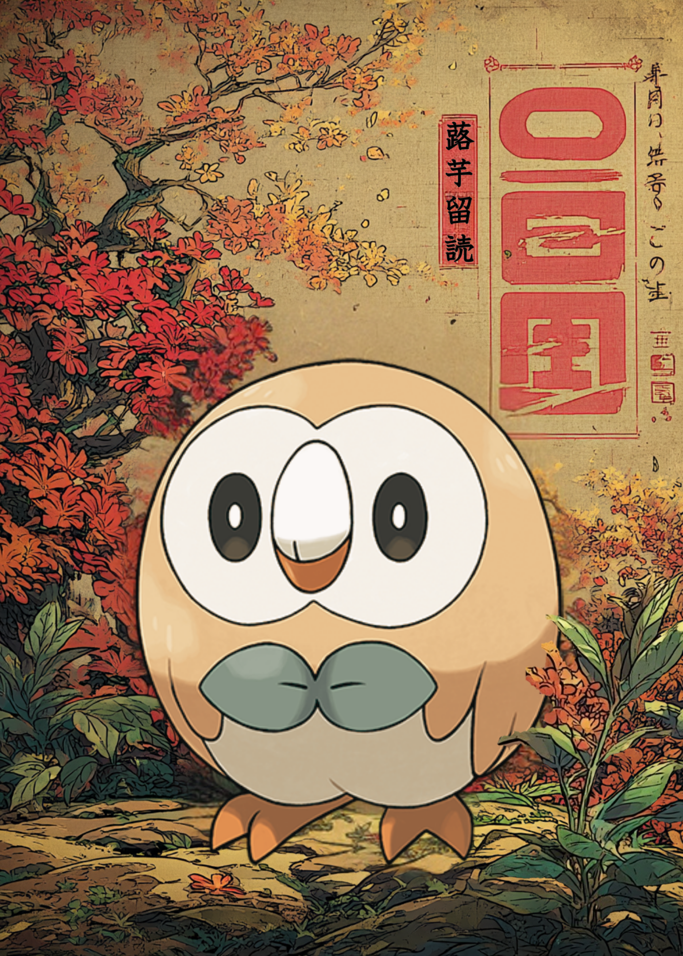 Rowlet Pokemon in an autumnal setting with trees and leaves.