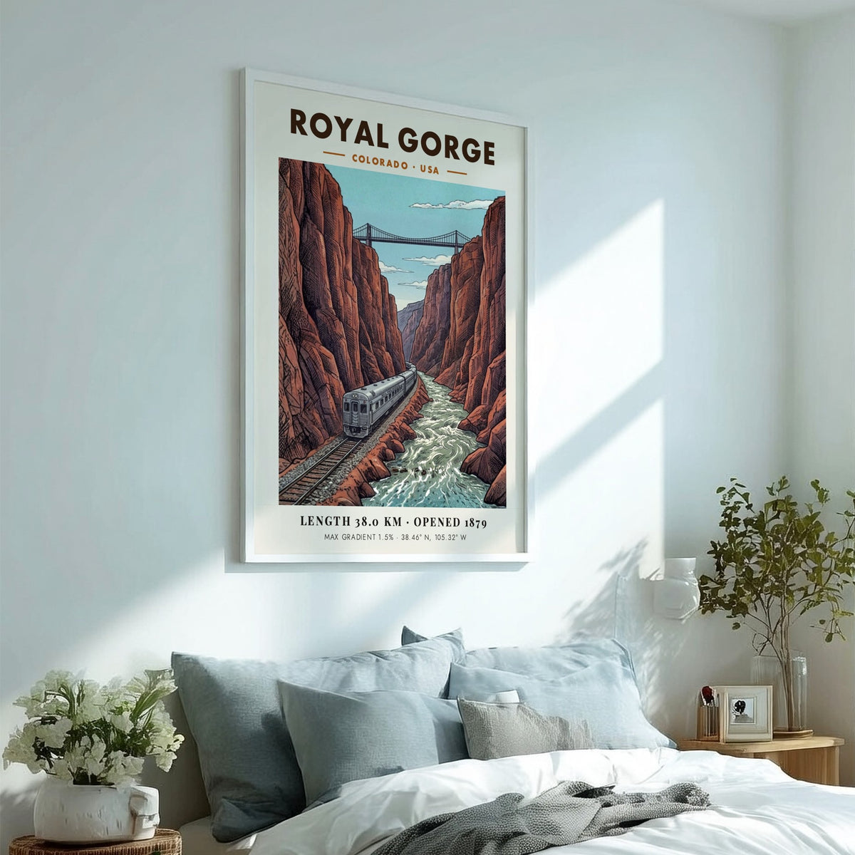 Poster of a silver train passing through the deep red cliffs of Royal Gorge.