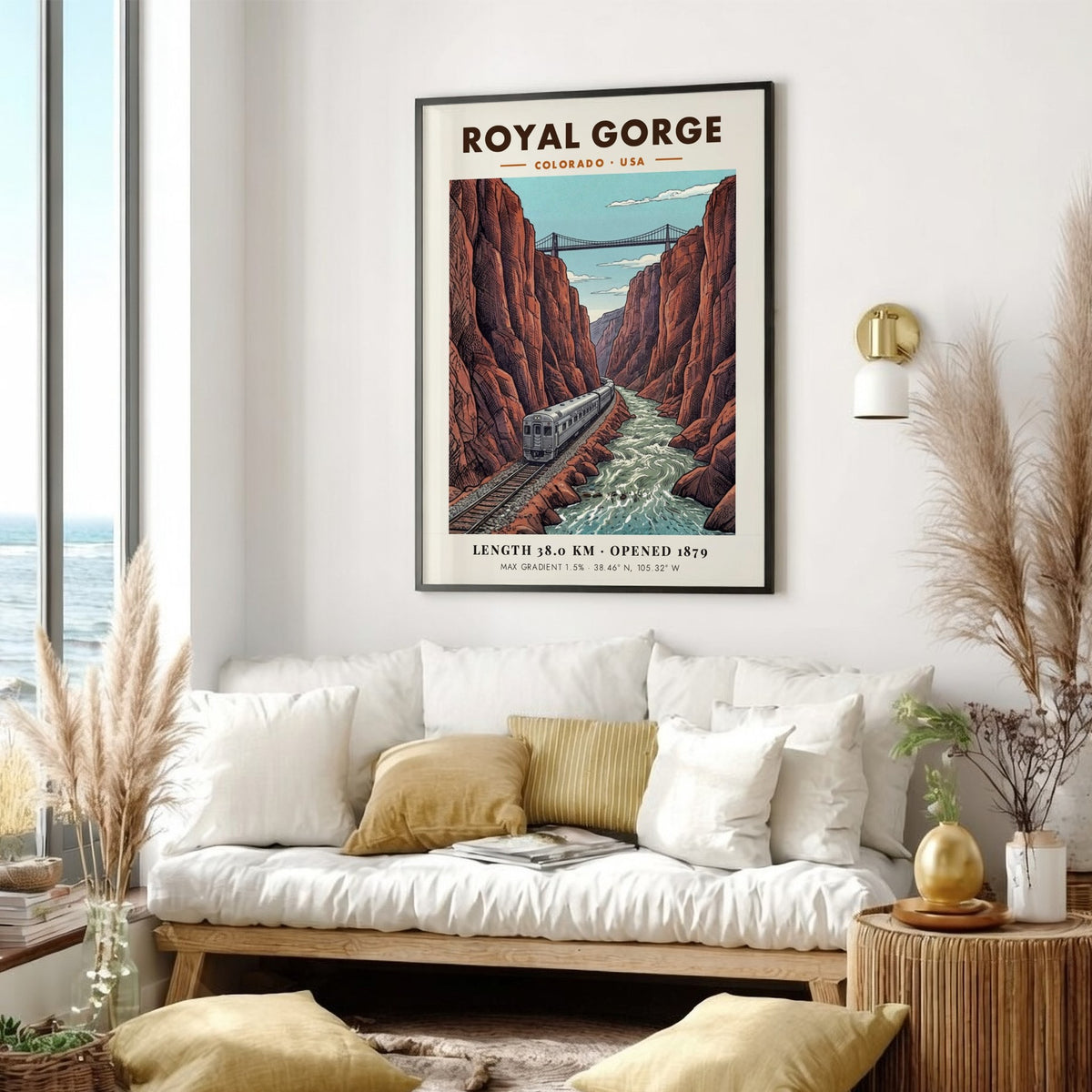 Poster of a silver train passing through the deep red cliffs of Royal Gorge.