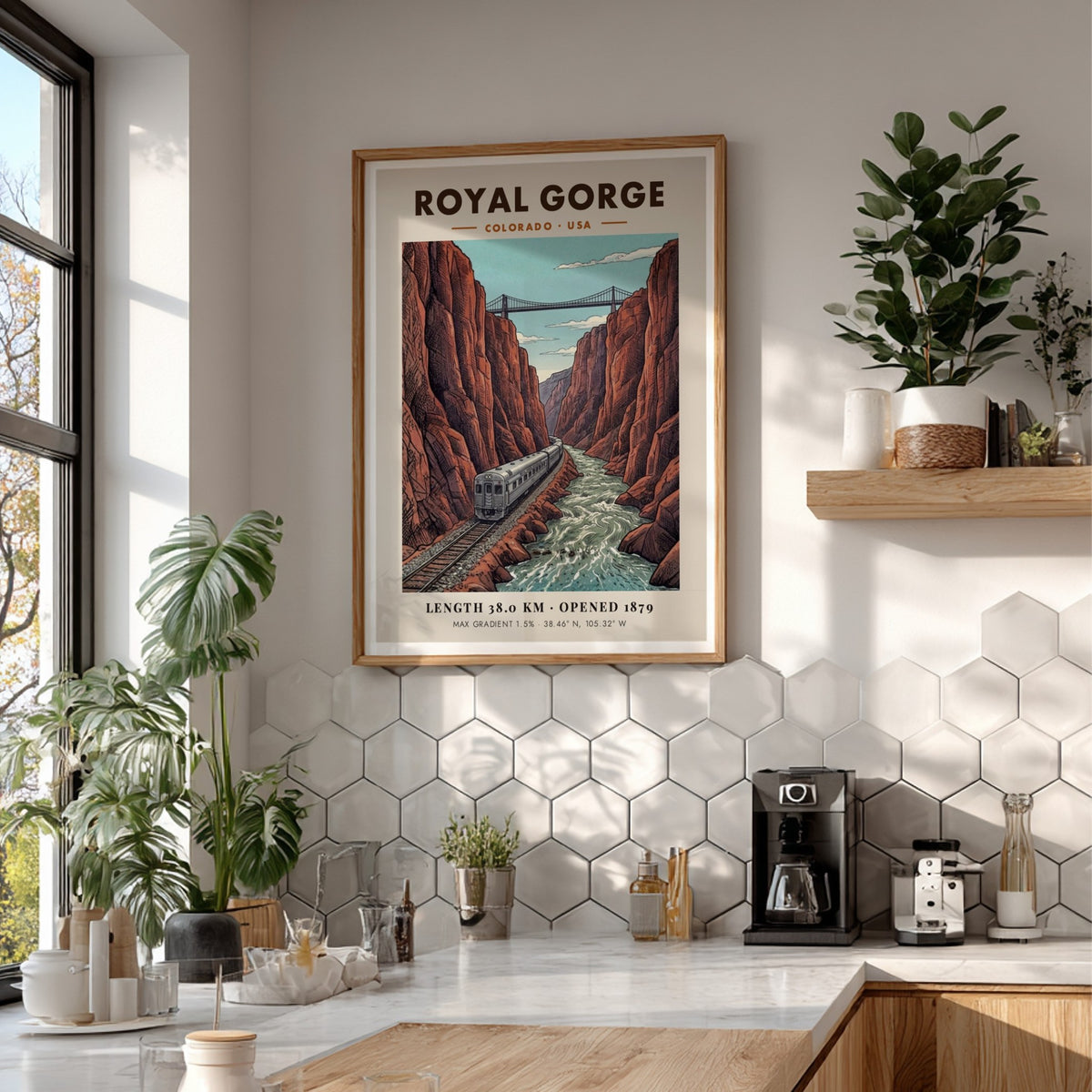 Poster of a silver train passing through the deep red cliffs of Royal Gorge.