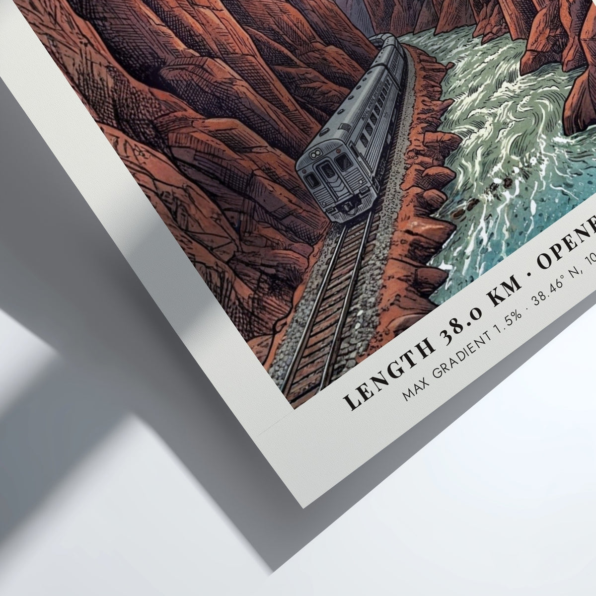 Poster of a silver train passing through the deep red cliffs of Royal Gorge.