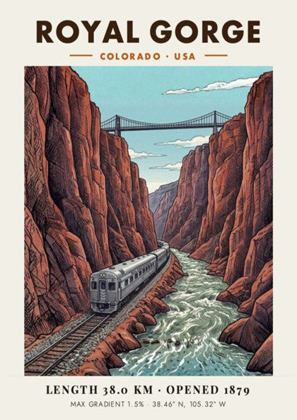 Poster of a silver train passing through the deep red cliffs of Royal Gorge.