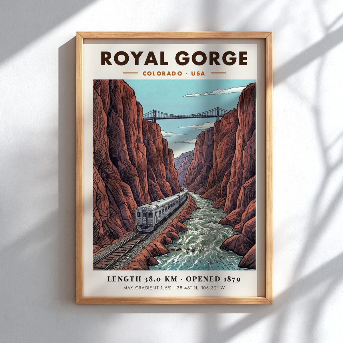 Poster of a silver train passing through the deep red cliffs of Royal Gorge.