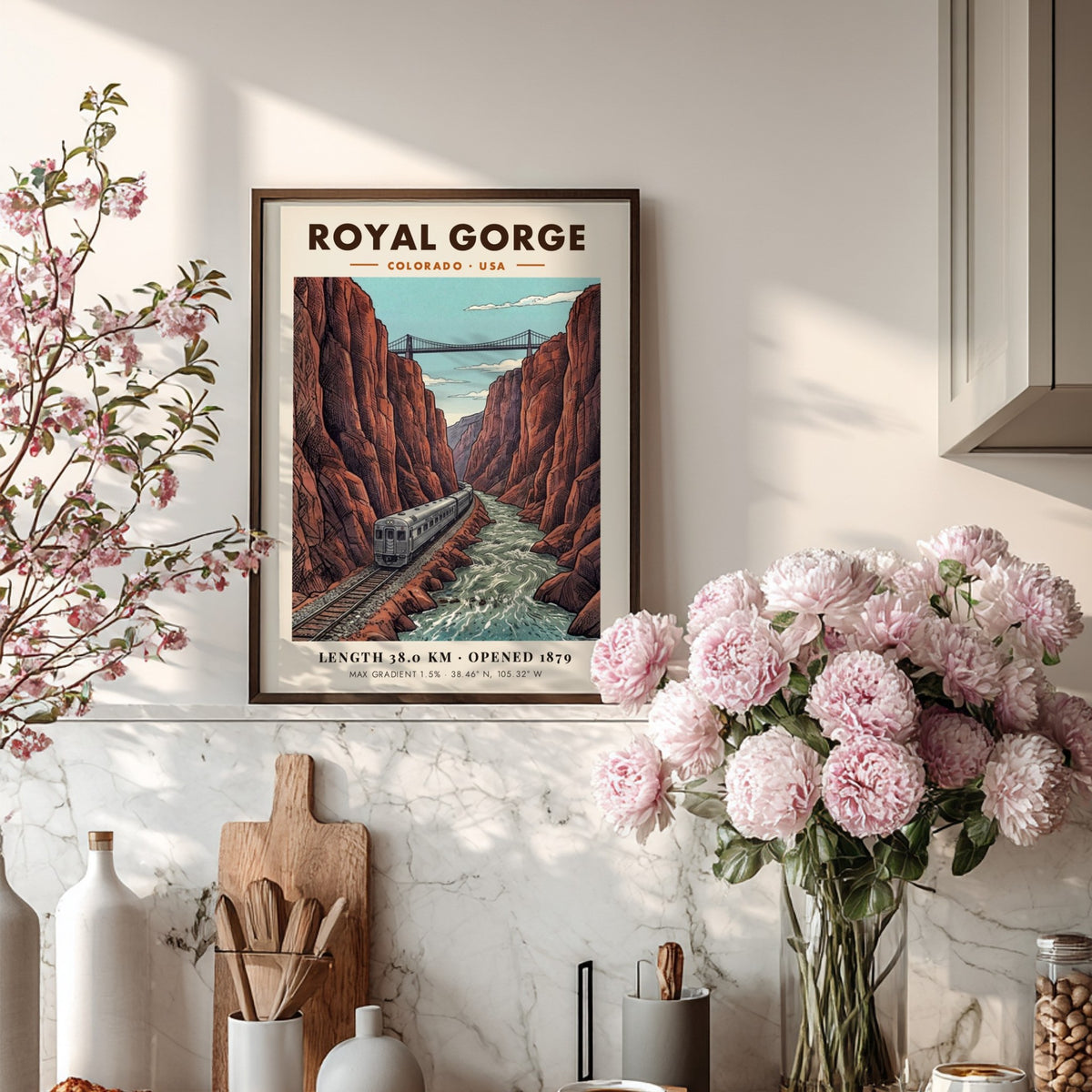 Poster of a silver train passing through the deep red cliffs of Royal Gorge.