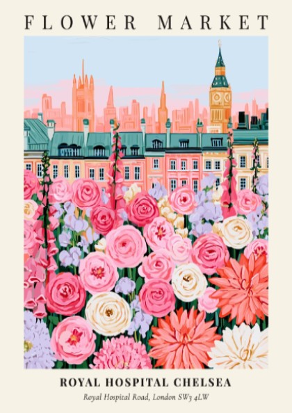Floral art print featuring pink and white flowers with London skyline in the background