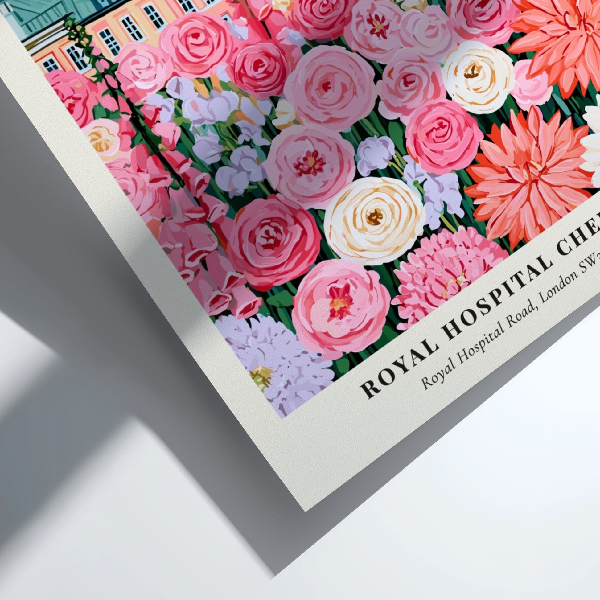 Floral art print featuring pink and white flowers with London skyline in the background