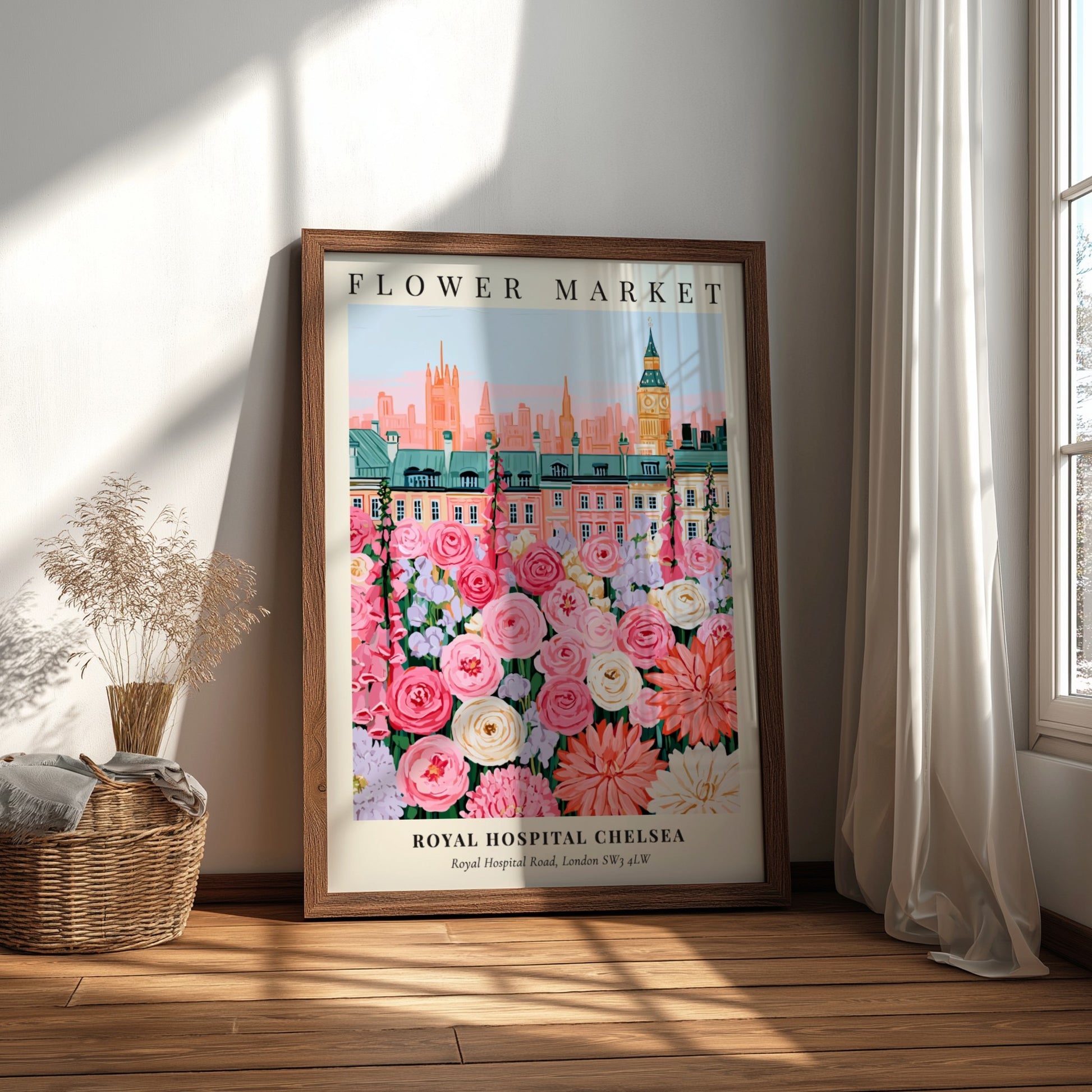 Floral art print featuring pink and white flowers with London skyline in the background