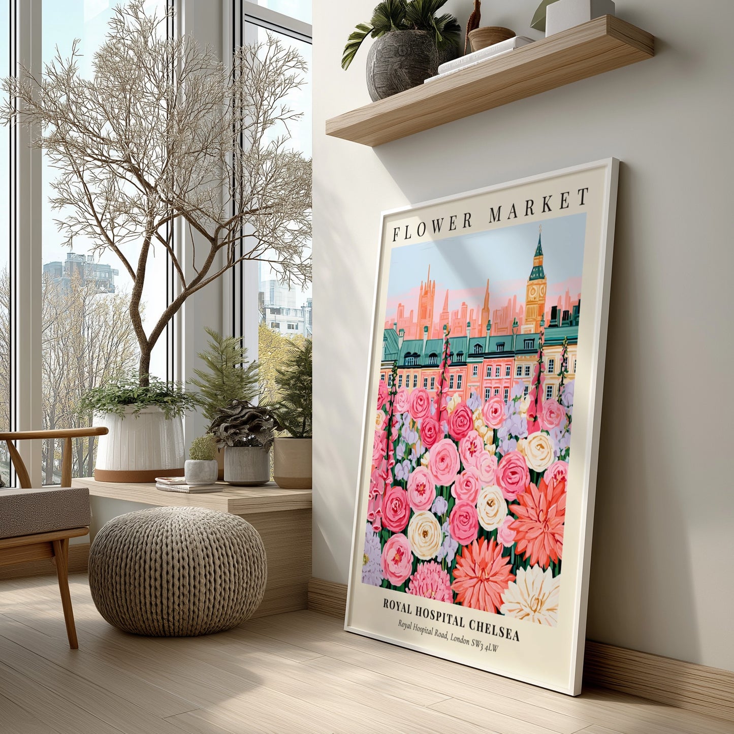 Floral art print featuring pink and white flowers with London skyline in the background