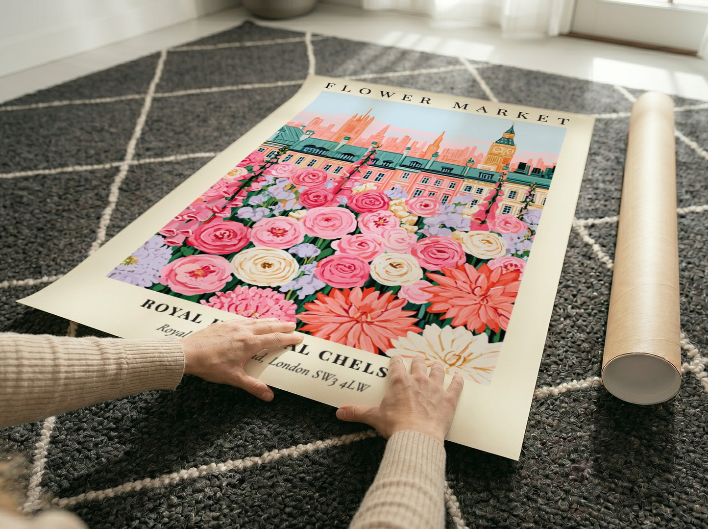 Floral art print featuring pink and white flowers with London skyline in the background
