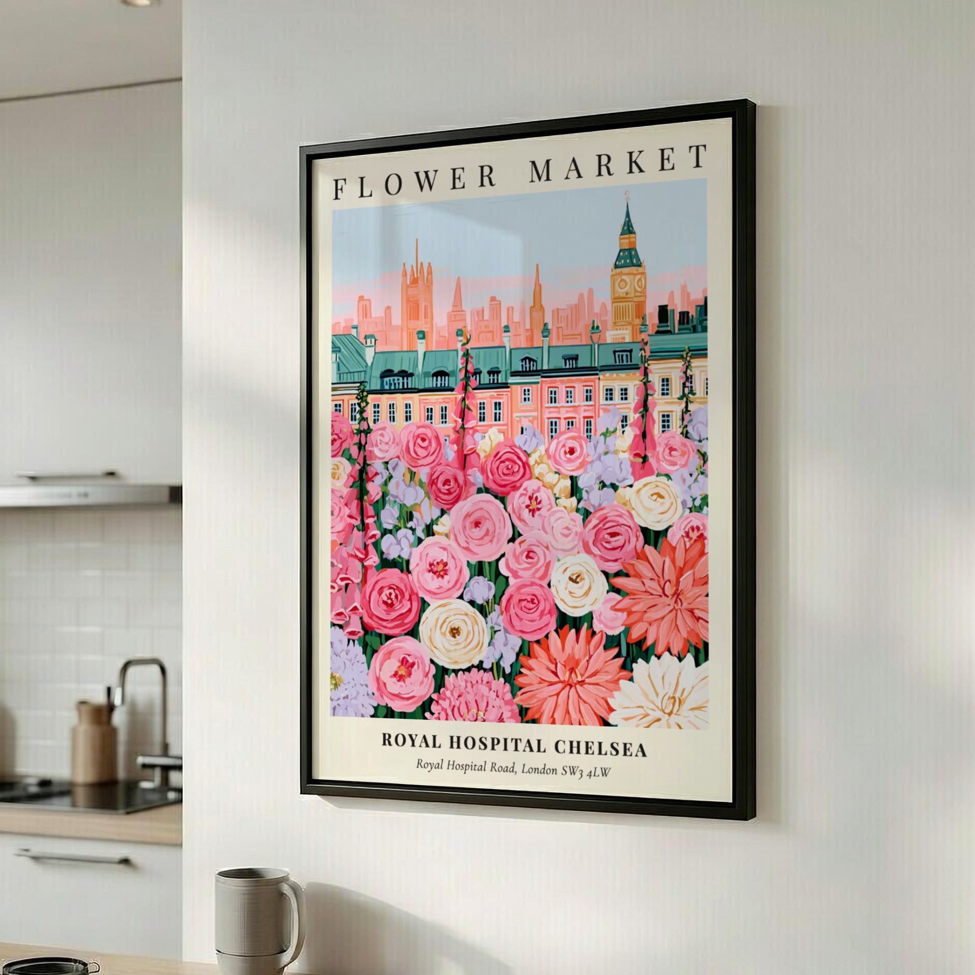 Floral art print featuring pink and white flowers with London skyline in the background