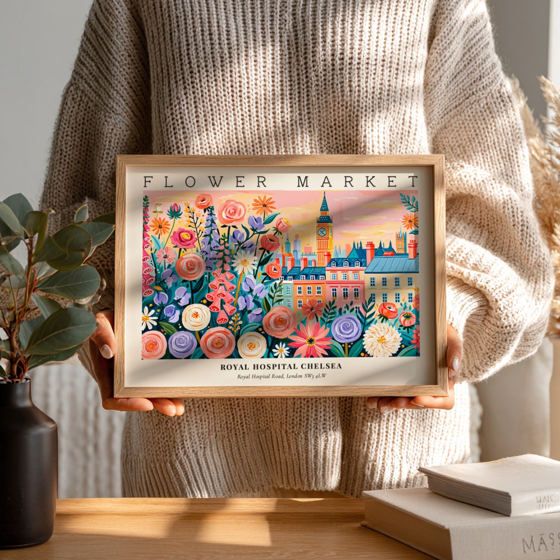 Flower market poster featuring colorful blooms and Royal Hospital Chelsea in vibrant colors