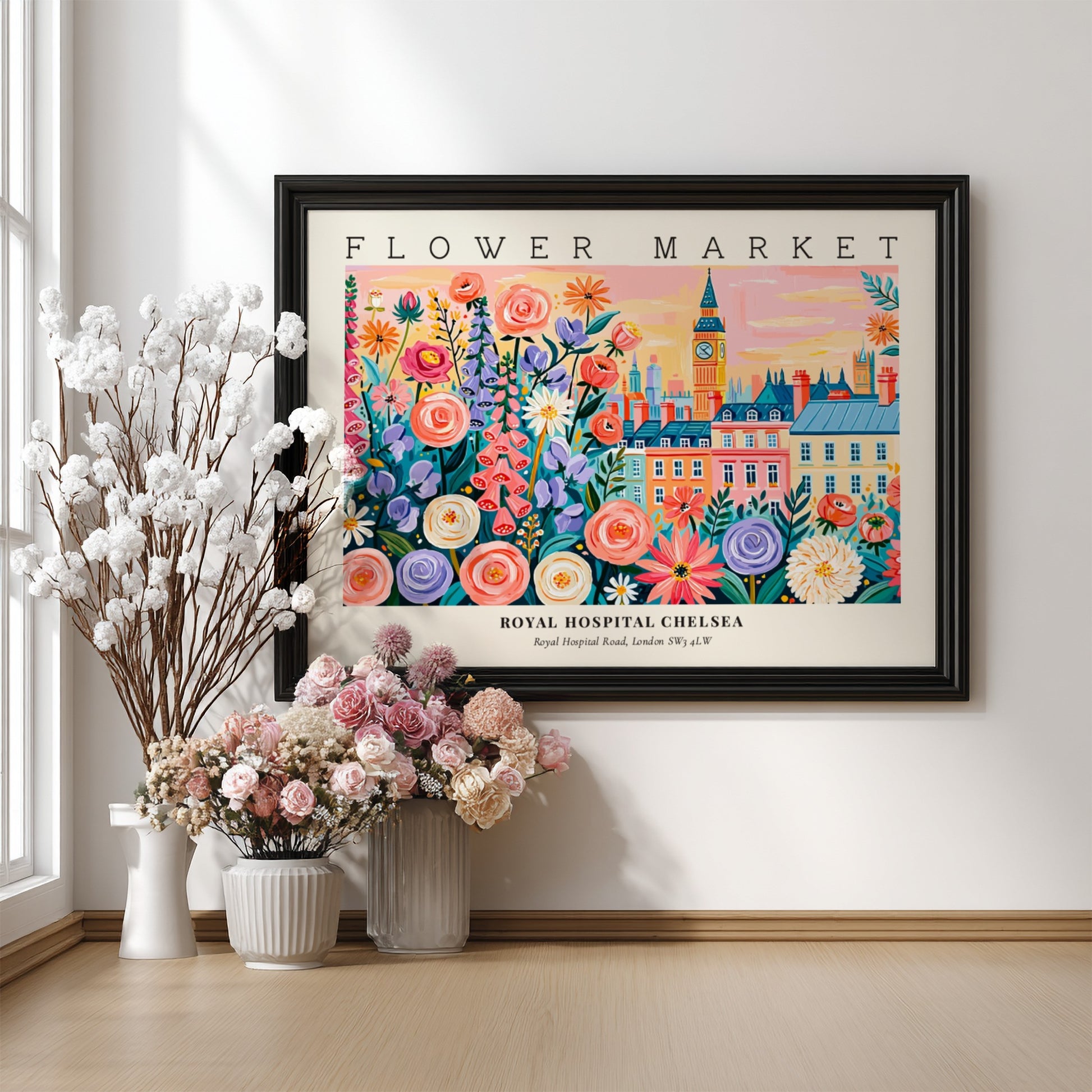 Flower market poster featuring colorful flowers and London architecture in vibrant style
