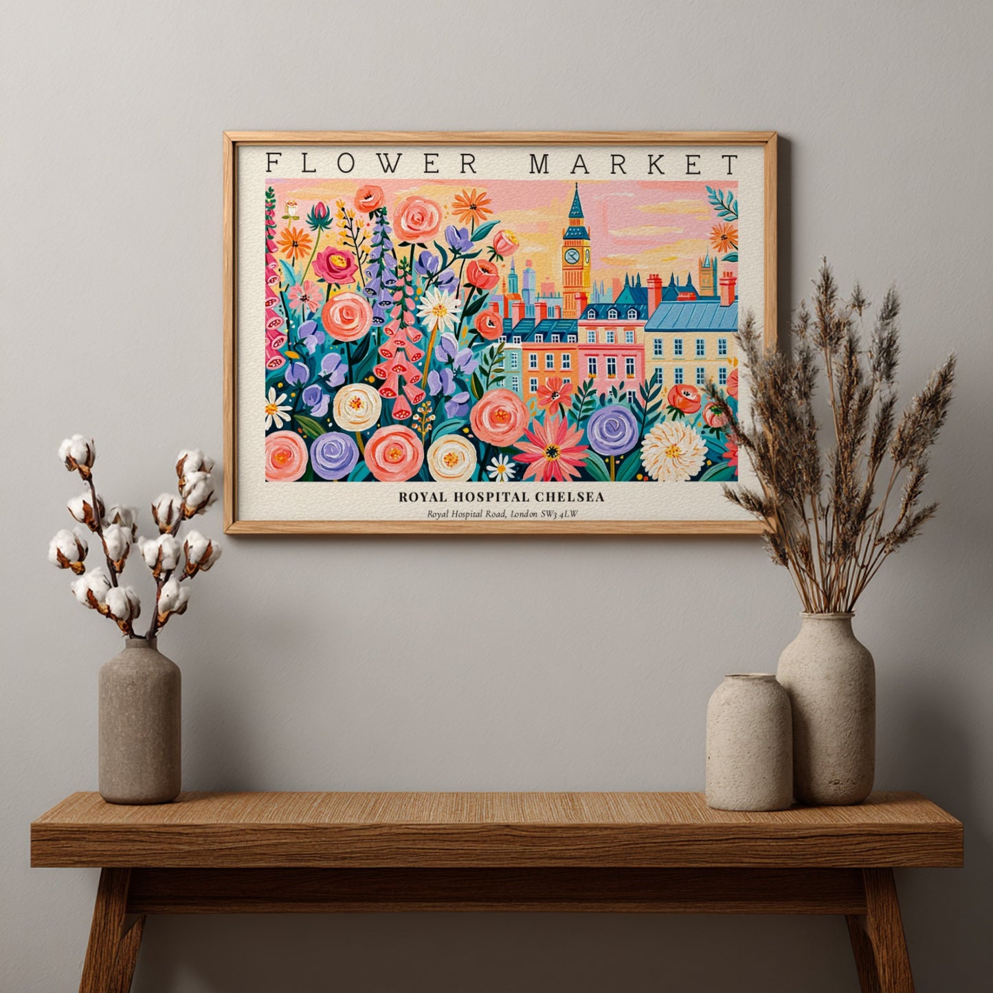 Flower market poster featuring colorful blooms and Royal Hospital Chelsea in vibrant colors