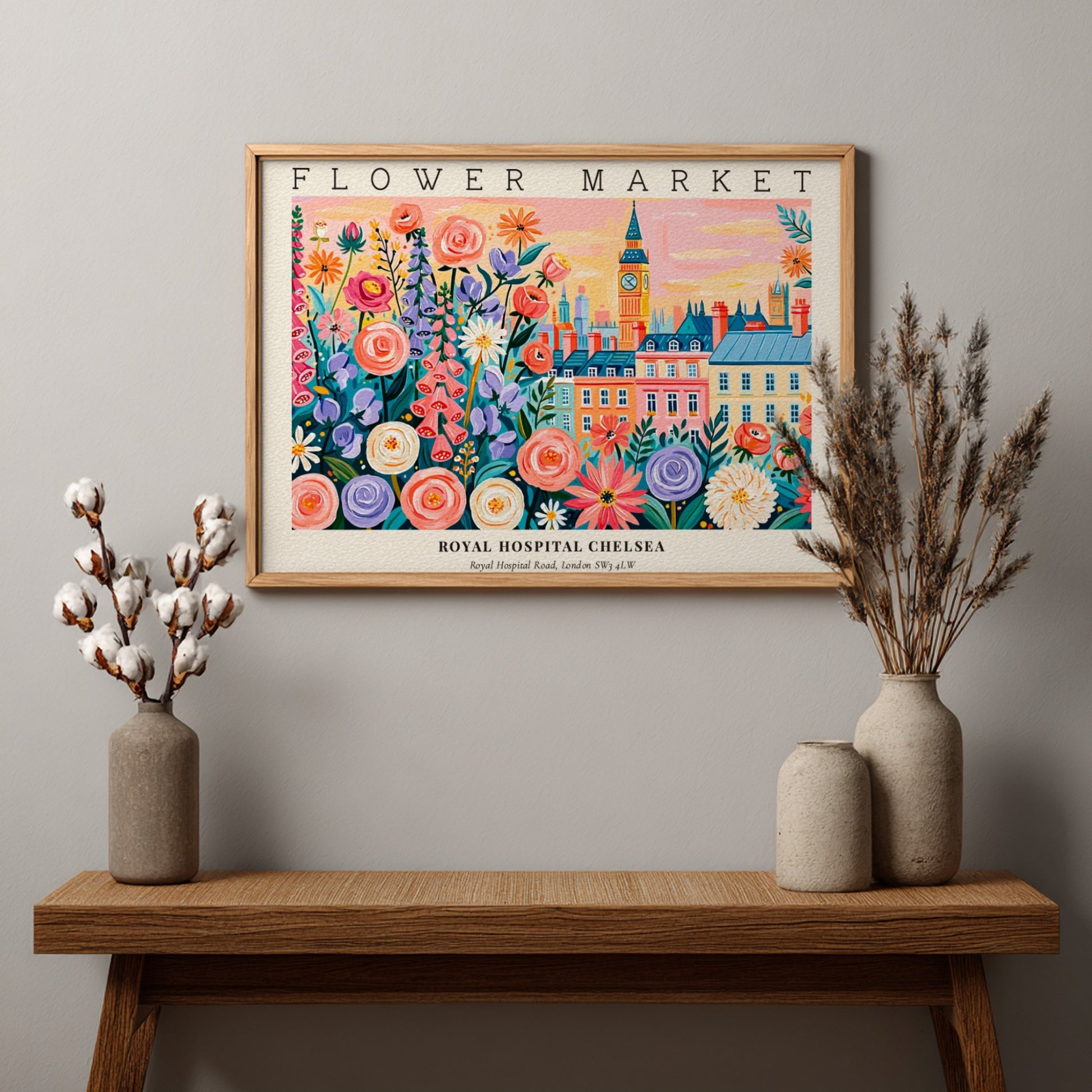 Flower market poster featuring colorful blooms and Royal Hospital Chelsea in vibrant colors