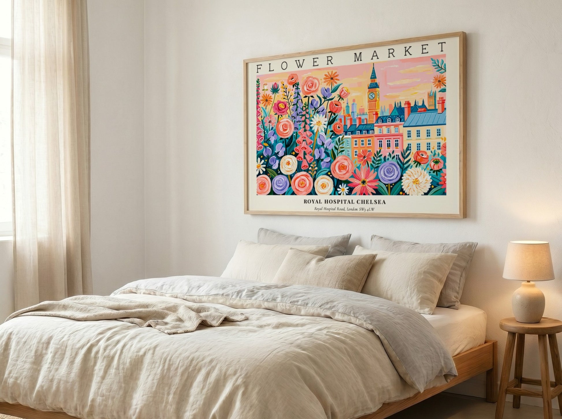 Flower market poster featuring colorful blooms and Royal Hospital Chelsea in vibrant colors