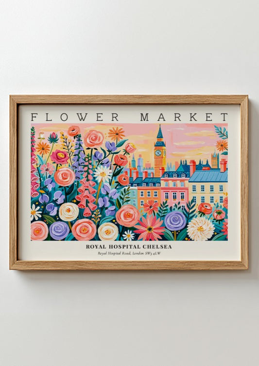 Flower market poster featuring colorful flowers and London architecture in vibrant style