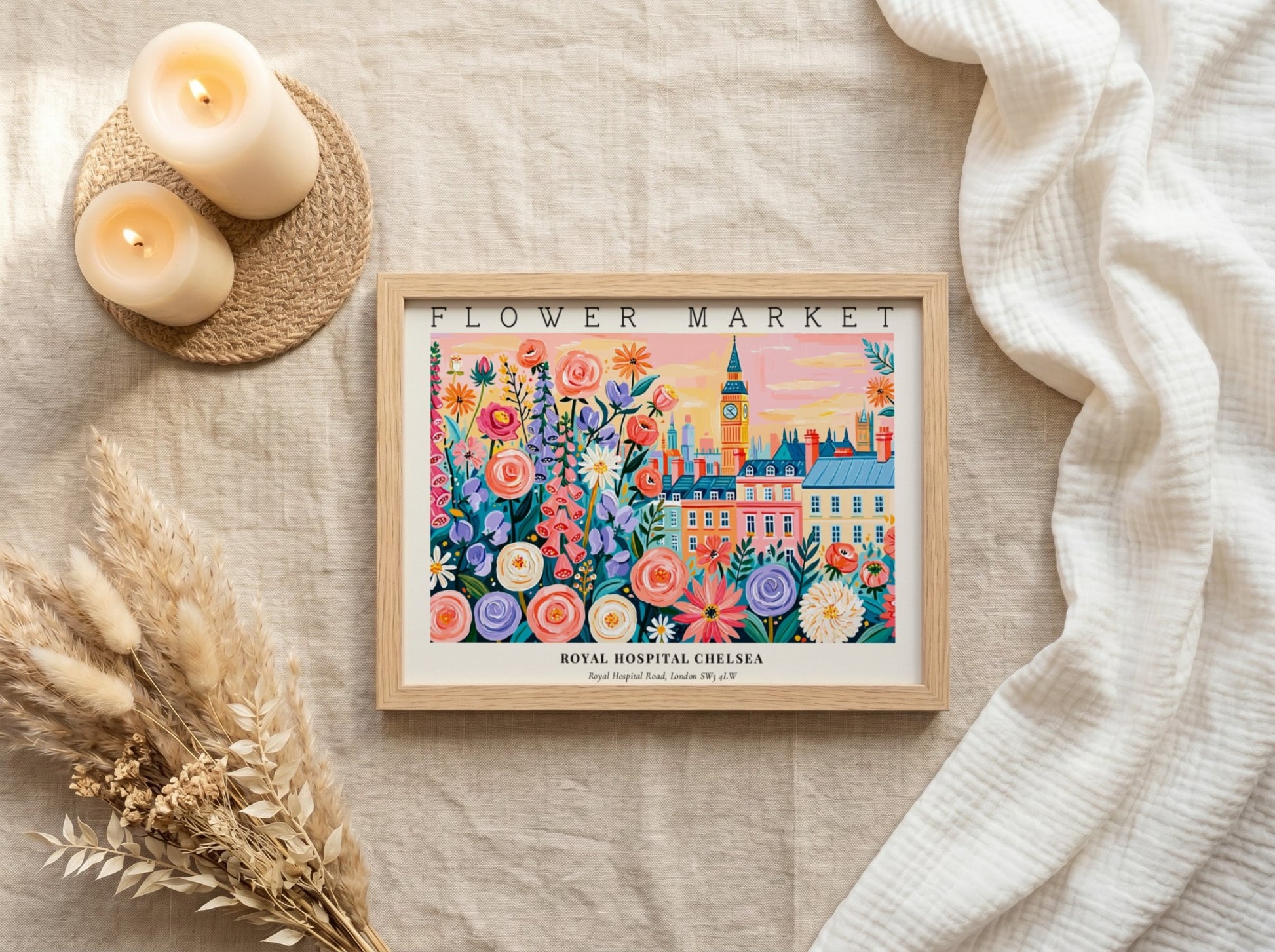 Flower market poster featuring colorful blooms and Royal Hospital Chelsea in vibrant colors