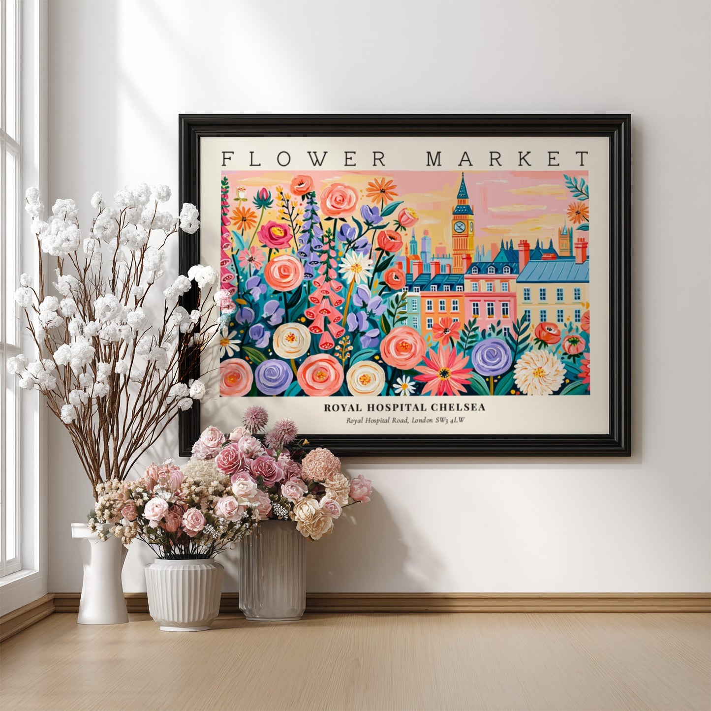 Flower market poster featuring colorful blooms and Royal Hospital Chelsea in vibrant colors