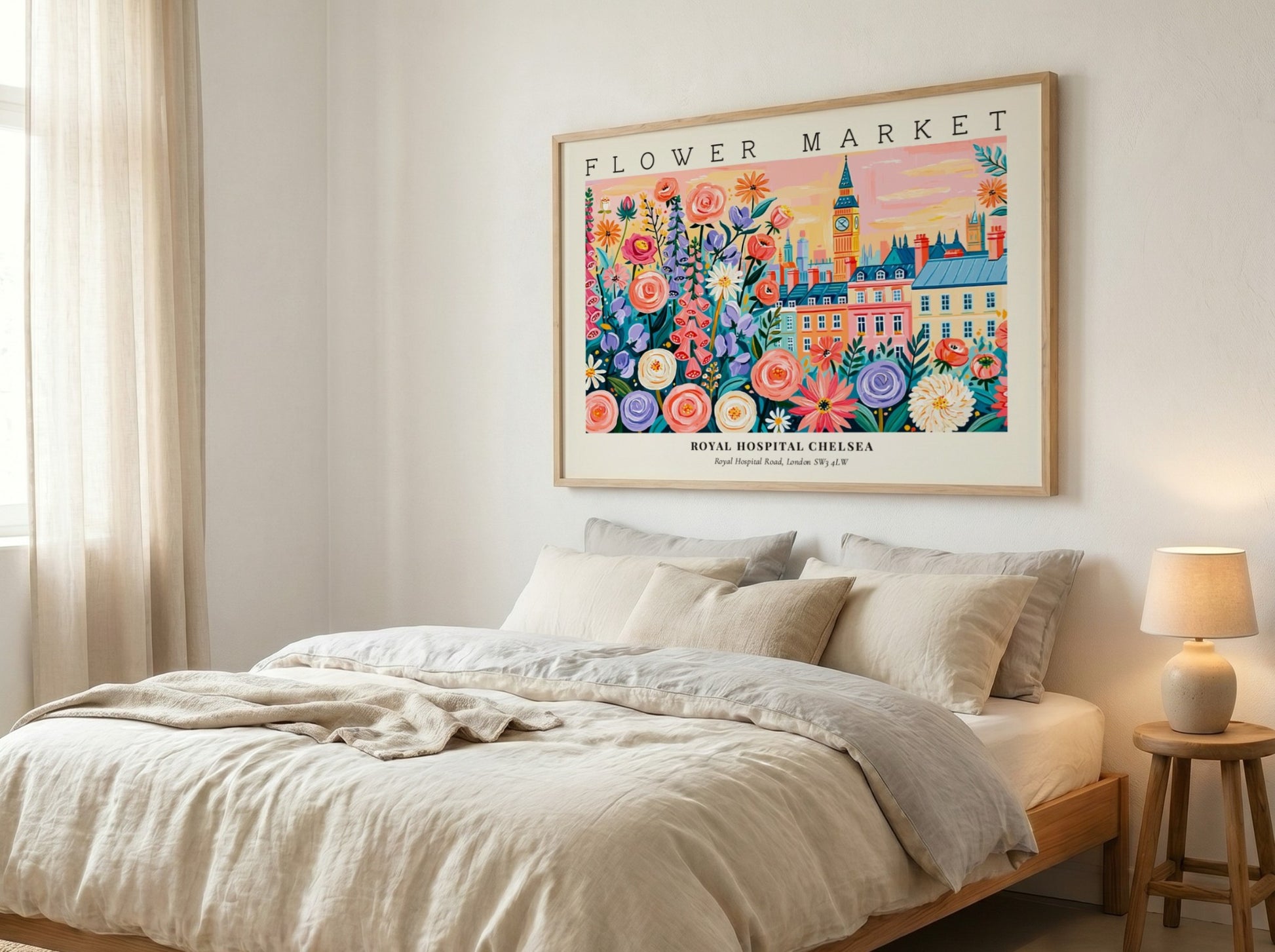Flower market poster featuring colorful flowers and London architecture in vibrant style
