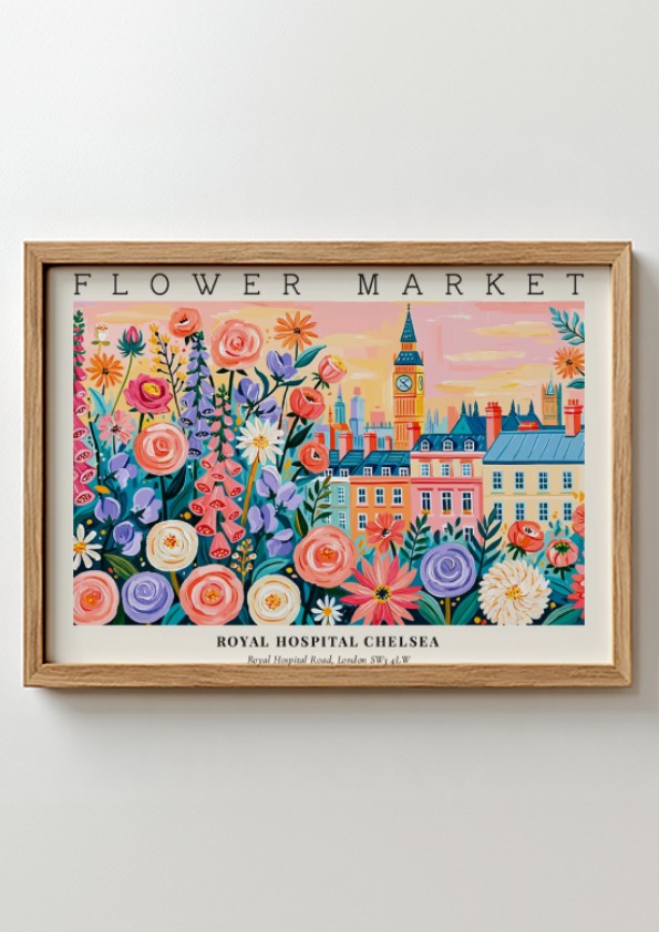 Flower market poster featuring colorful blooms and Royal Hospital Chelsea in vibrant colors