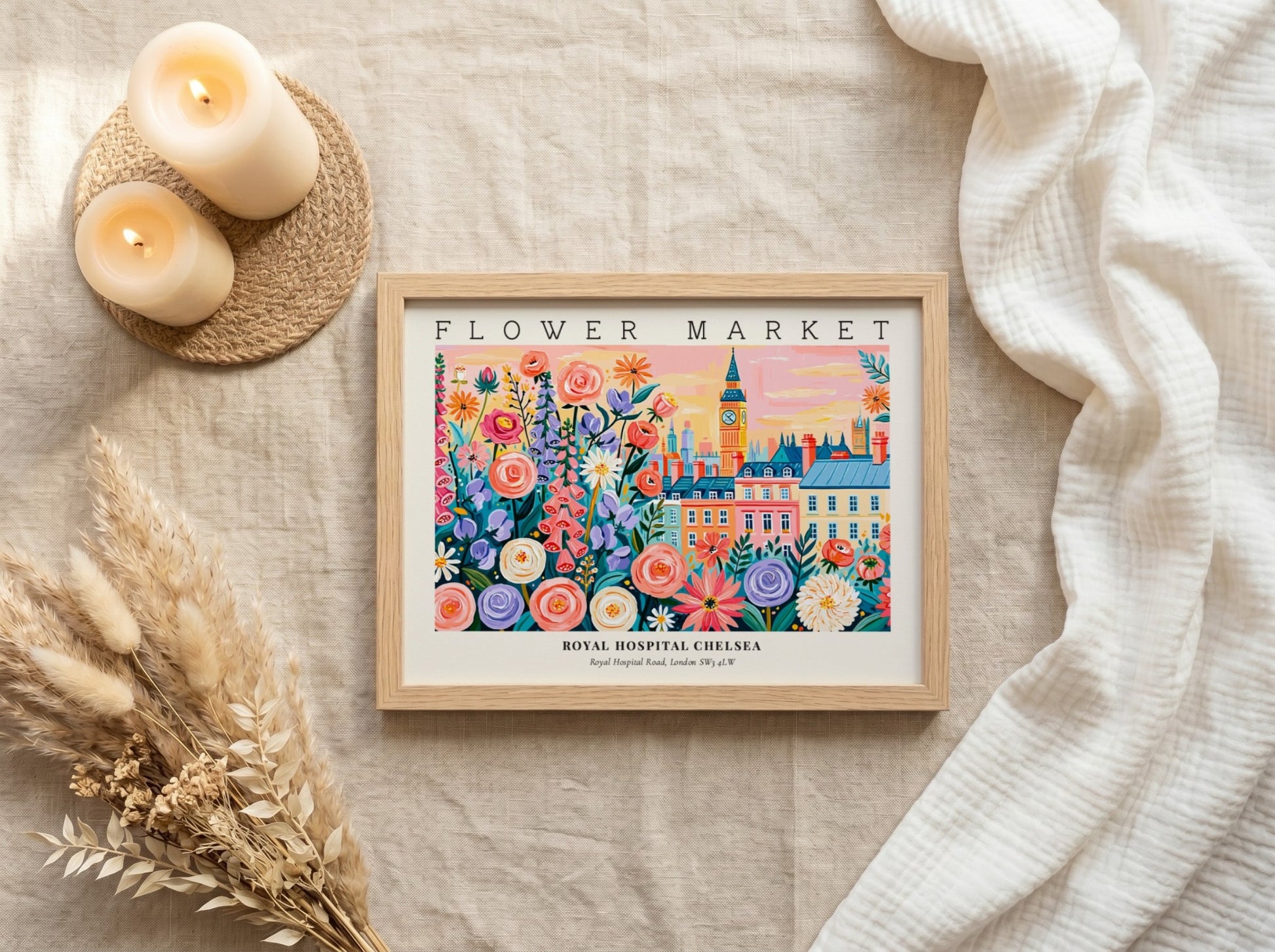 Flower market poster featuring colorful flowers and London architecture in vibrant style