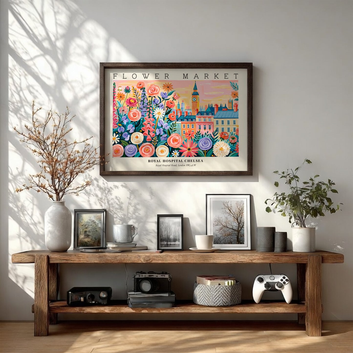 Flower market poster featuring colorful flowers and London architecture in vibrant style