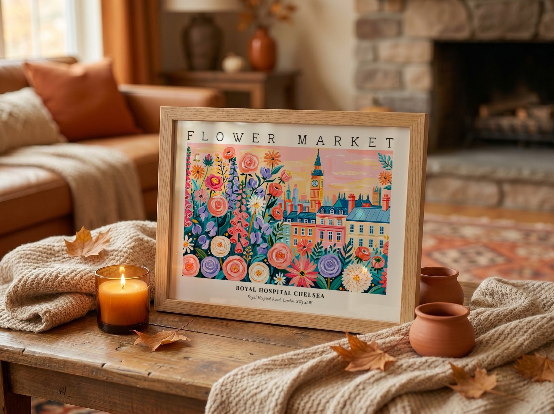 Flower market poster featuring colorful flowers and London architecture in vibrant style