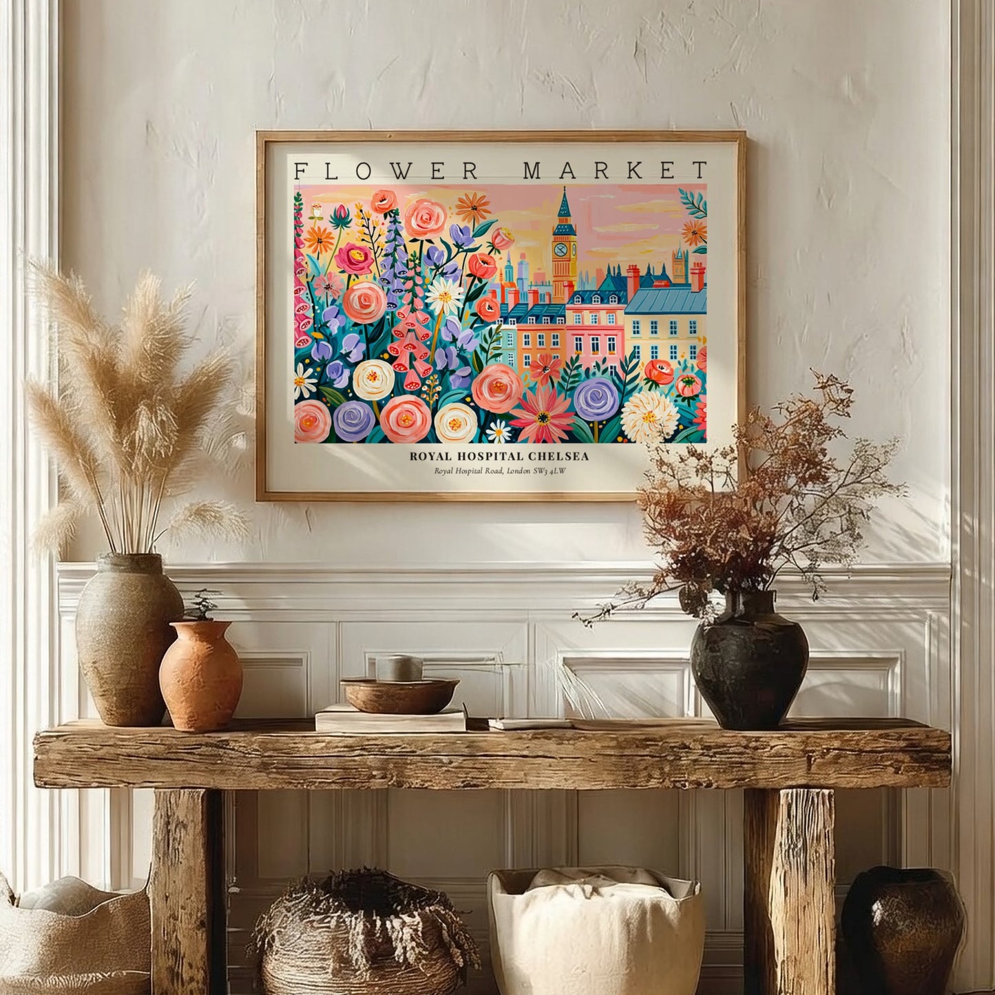 Flower market poster featuring colorful flowers and London architecture in vibrant style
