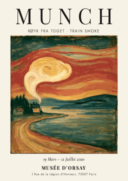 Train Smoke poster featuring Edvard Munch's artwork with swirling smoke in vibrant orange and blue tones