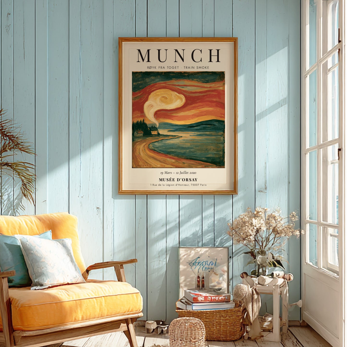 Train Smoke poster featuring Edvard Munch's artwork with swirling smoke in vibrant orange and blue tones