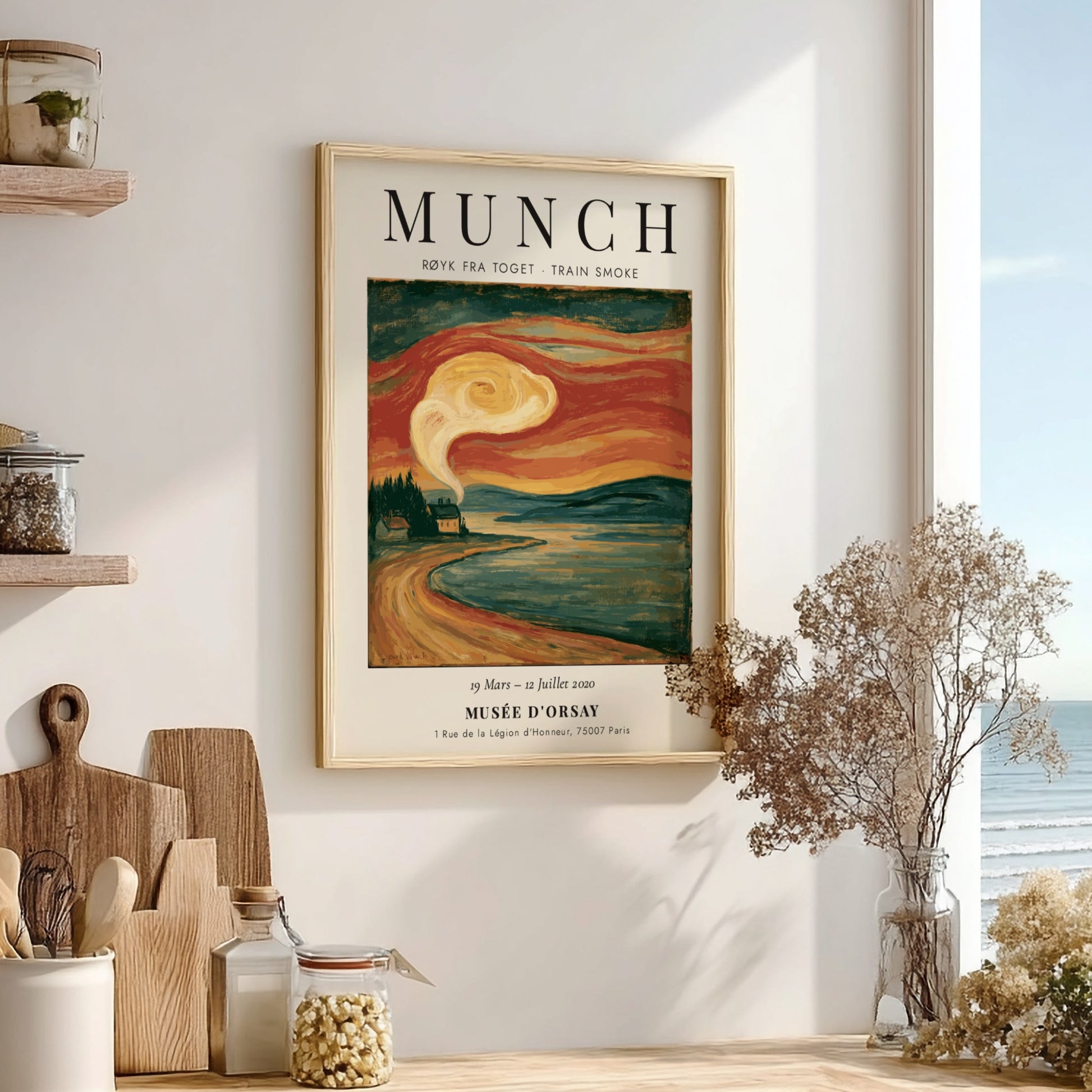 Train Smoke poster featuring Edvard Munch's artwork with swirling smoke in vibrant orange and blue tones