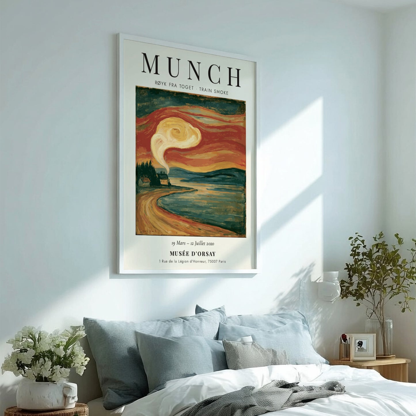 Train Smoke poster featuring Edvard Munch's artwork with swirling smoke in vibrant orange and blue tones