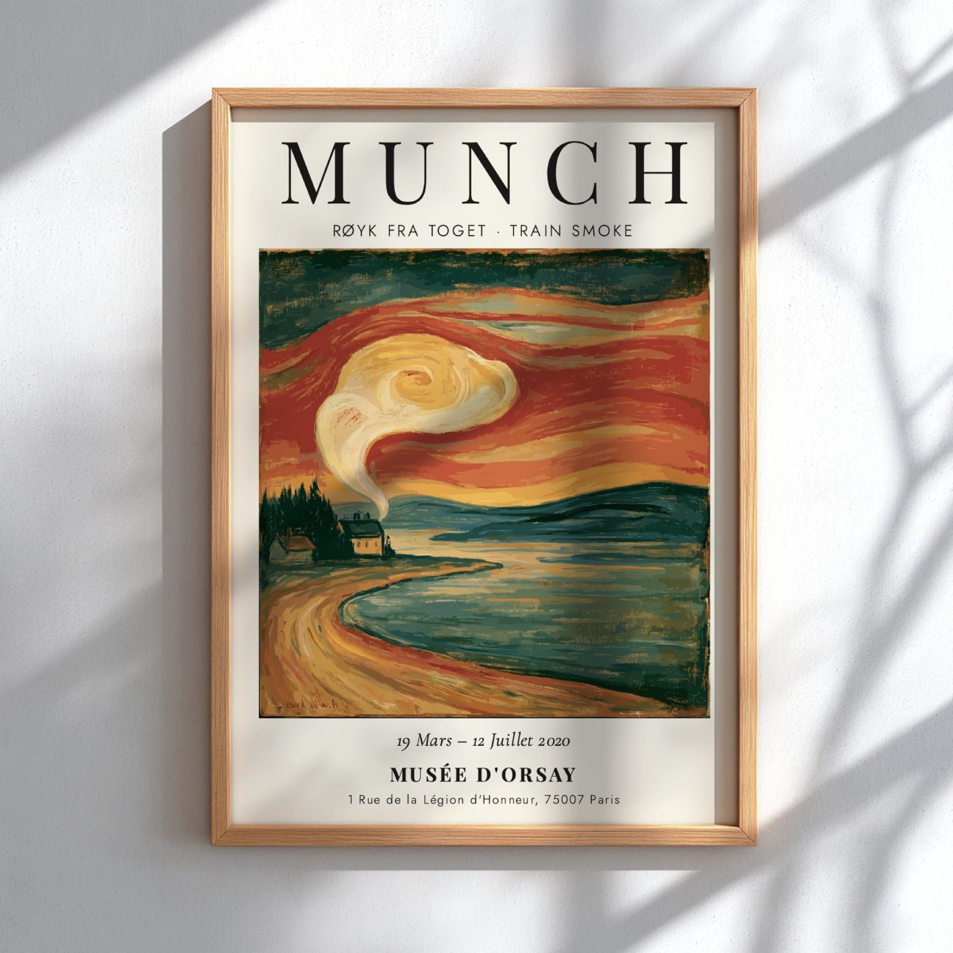 Train Smoke poster featuring Edvard Munch's artwork with swirling smoke in vibrant orange and blue tones