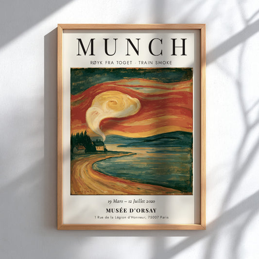 Train Smoke poster featuring Edvard Munch's artwork with swirling smoke in vibrant orange and blue tones